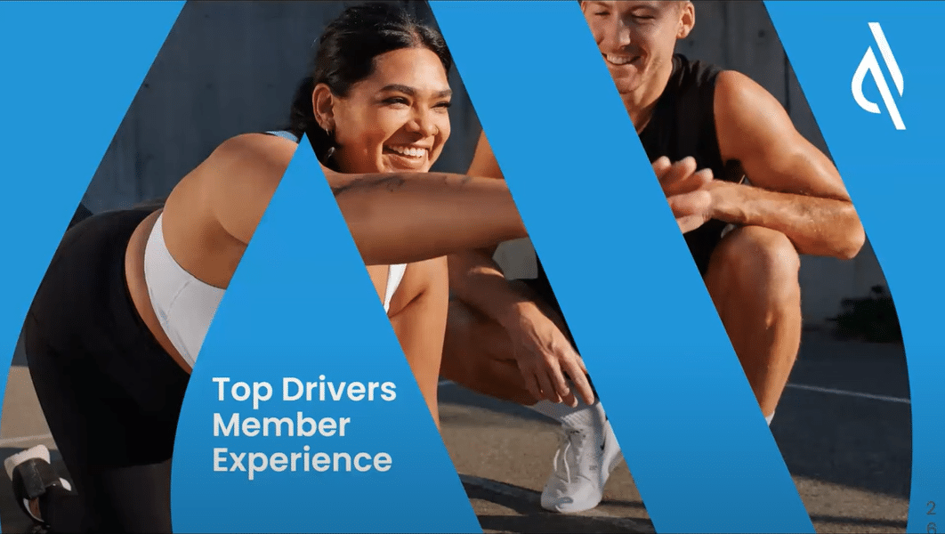 The words "Top Drivers Member Experience" overlay a fitness instructor and student doing yoga